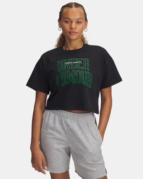 Under Armour Camiseta de manga corta UA Varsity Mix Heavyweight Crop para mujer  