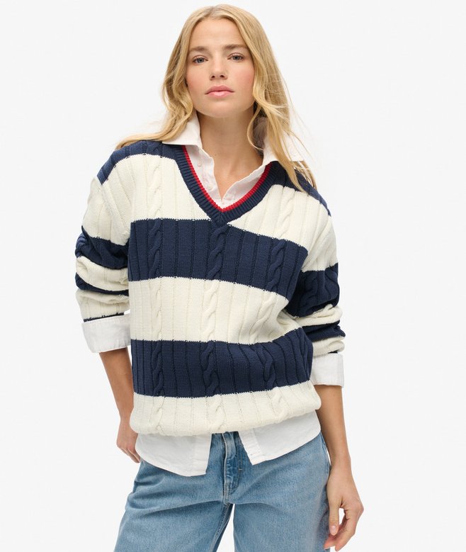 superdry Jersey a rayas extragrande de punto trenzado con cuello de pico Promoción por tiempo limitado