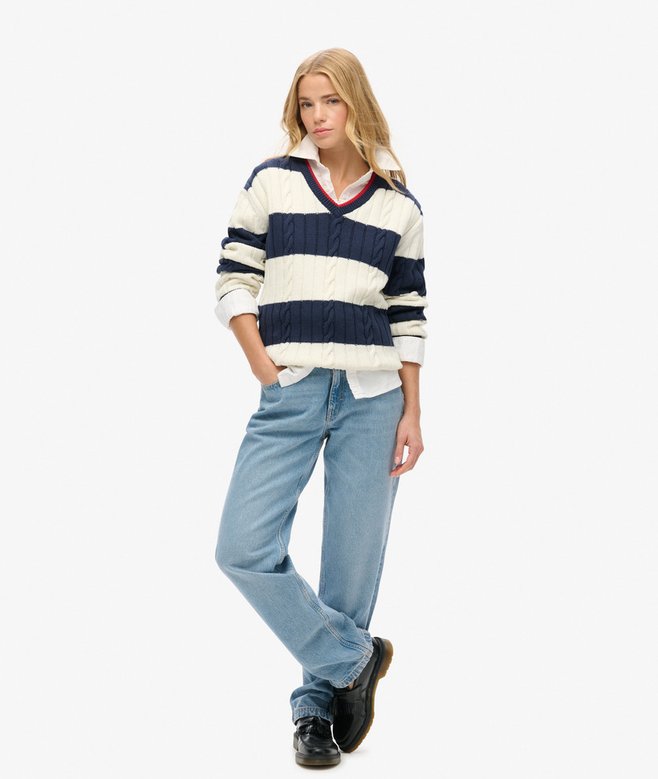 superdry Jersey a rayas extragrande de punto trenzado con cuello de pico Promoción por tiempo limitado