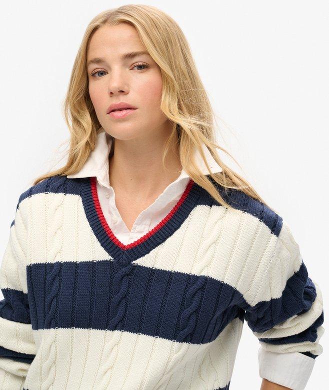superdry Jersey a rayas extragrande de punto trenzado con cuello de pico Promoción por tiempo limitado