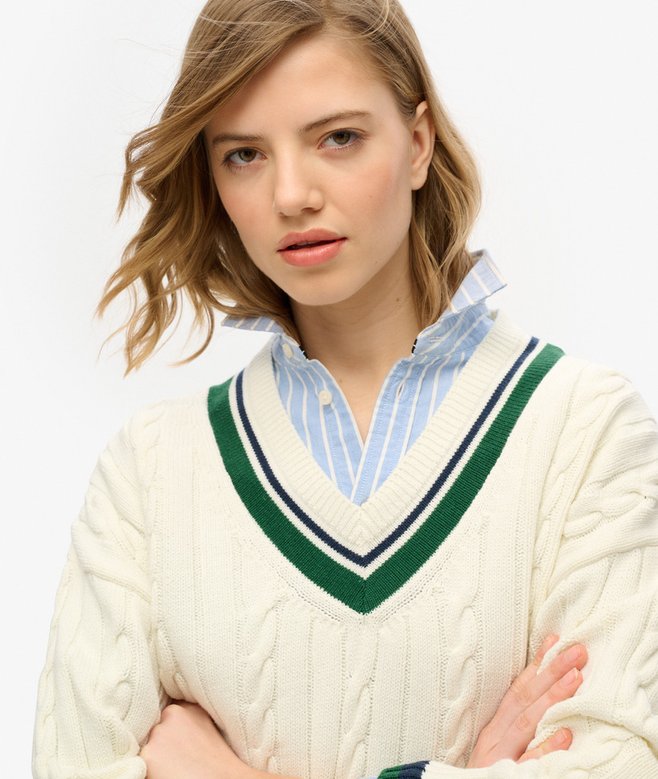 superdry Jersey extragrande de punto de cricket con cuello de pico Grandes descuentos