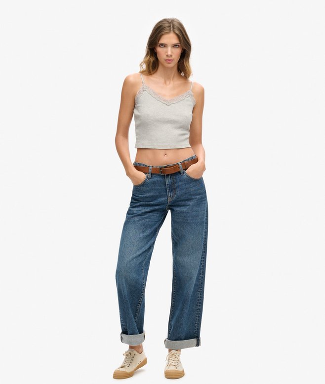 superdry Camiseta de tirantes de canalé con ribete de encaje Rebajas de fin de temporada